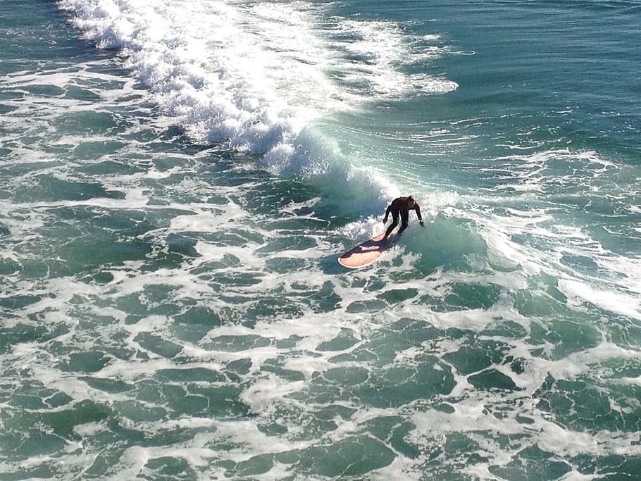 surfer, waves, ocean, sea, water sport, huntington, california HD wallpaper