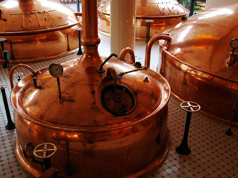brass-colored metal container, factory, beer, production, brewery HD wallpaper