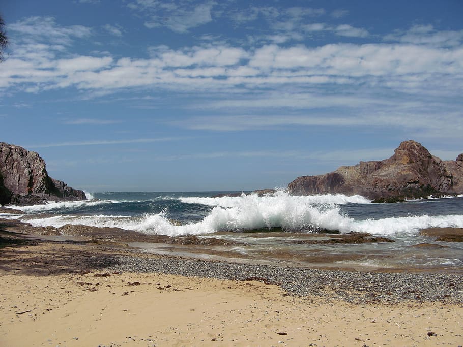 ocean, spray, rocks, surf, pebbles, water, waves, blue, sky HD wallpaper