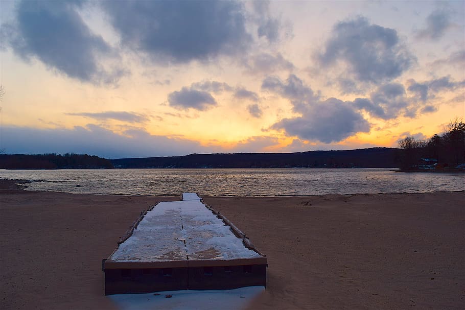 Sunset, Beach, Snow, Colorful, sky, clouds, water, lake, dock HD wallpaper