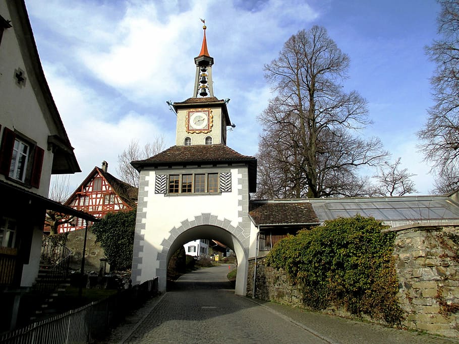 architecture, tower, passage, clock, bells, spire, hauptwil HD wallpaper