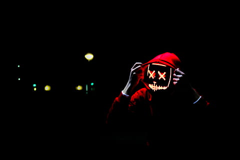 person wearing hoodie and neon mask, person wearing red hoodie HD wallpaper