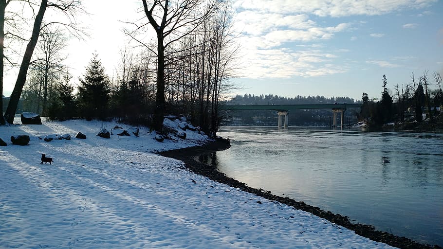 river, snow, landscape, winter, cold, water, outdoor, sky, park HD wallpaper