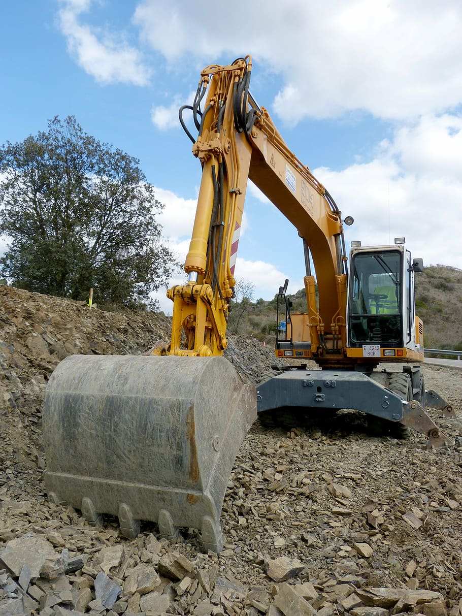 excavator, shovel, machine, construction, road, works, earth mover HD wallpaper