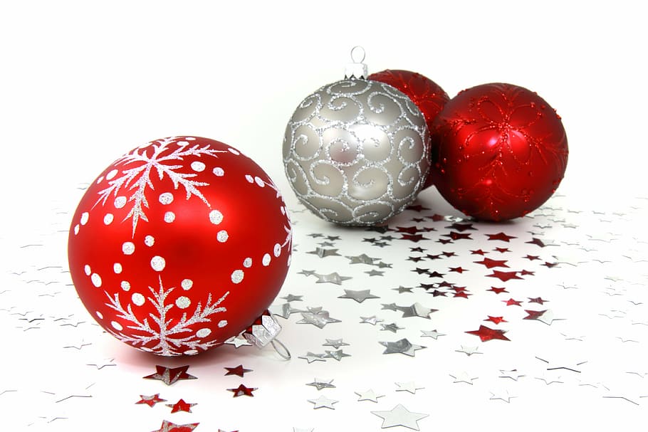 red and grey baubles against white background, balls, celebration, HD wallpaper