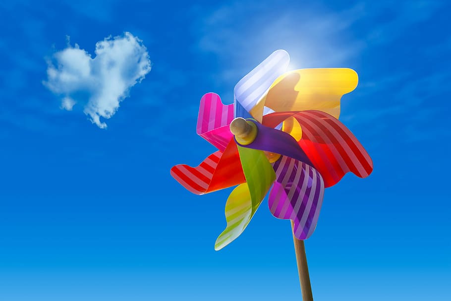 windmill fan during daytime, pinwheel, sky, clouds, sun, blue, HD wallpaper
