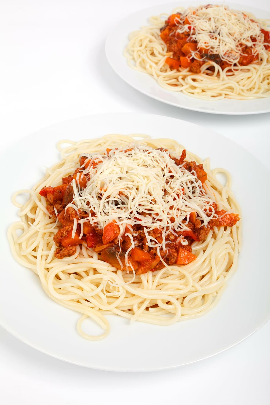 spaghetti on white ceramic plate, beef, cheese, cuisine, delicious