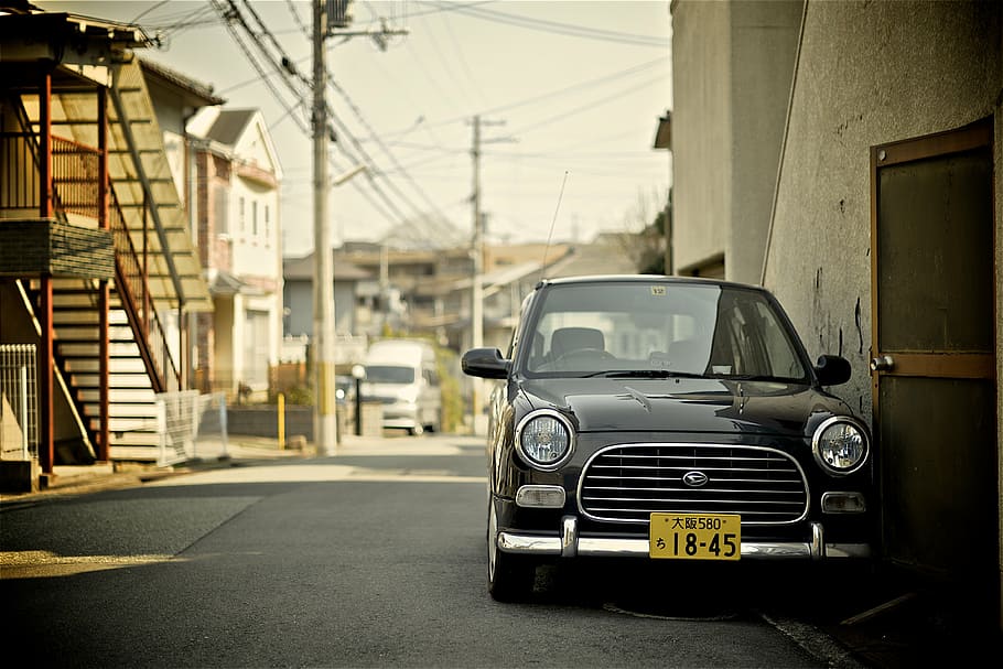 classic black vehicle parked on sidewalk near building, car, vintage, HD wallpaper