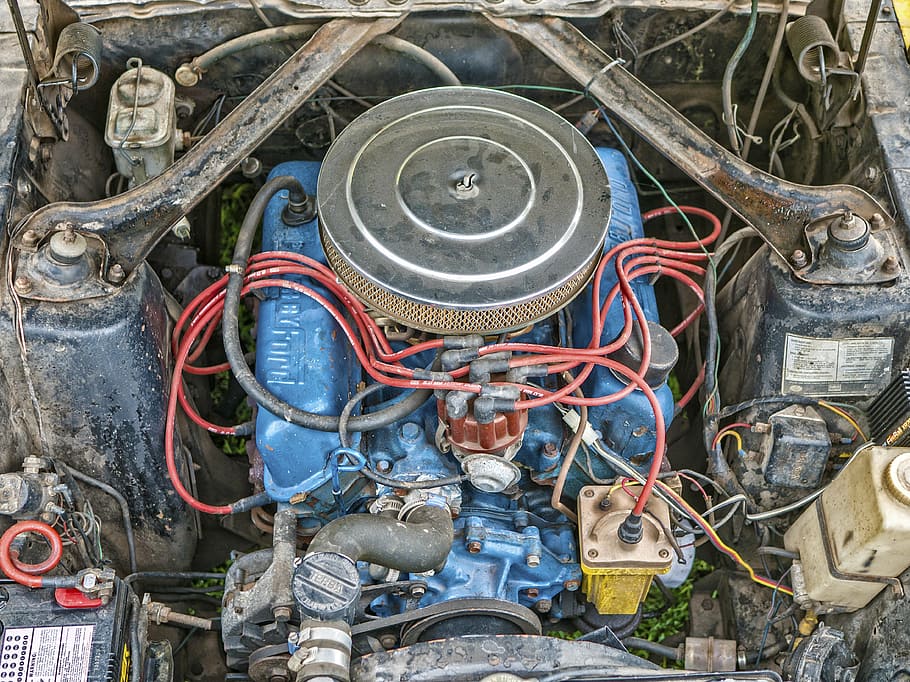 closeup photo of gray vehicle engine bay, mustang, block, vintage HD wallpaper