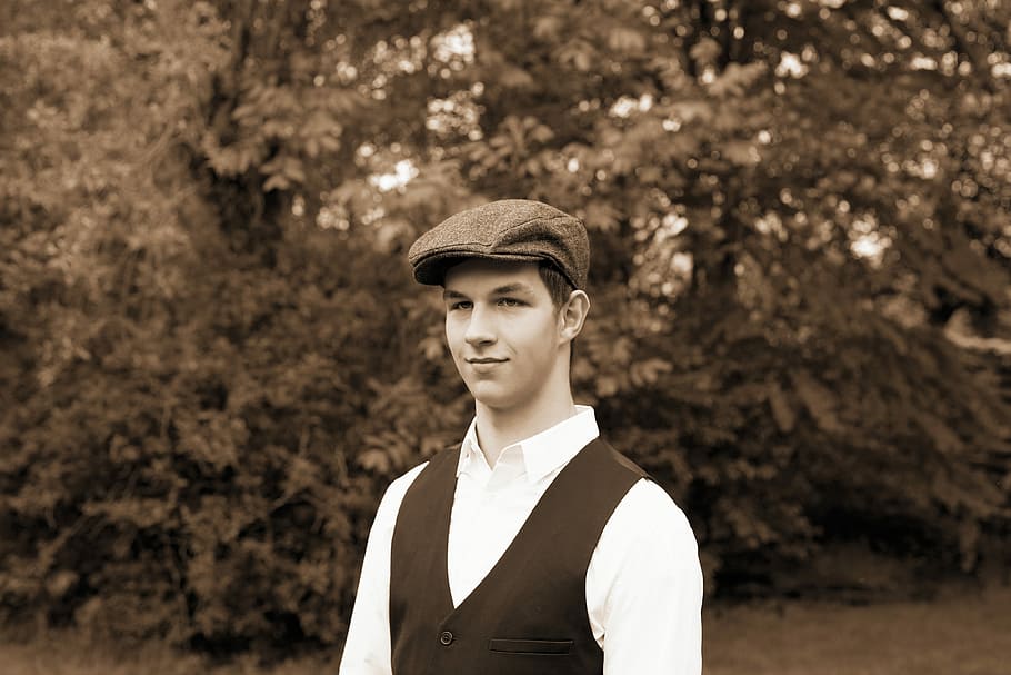 smiling man wearing vest standing beside tree, young man, 1920s HD wallpaper