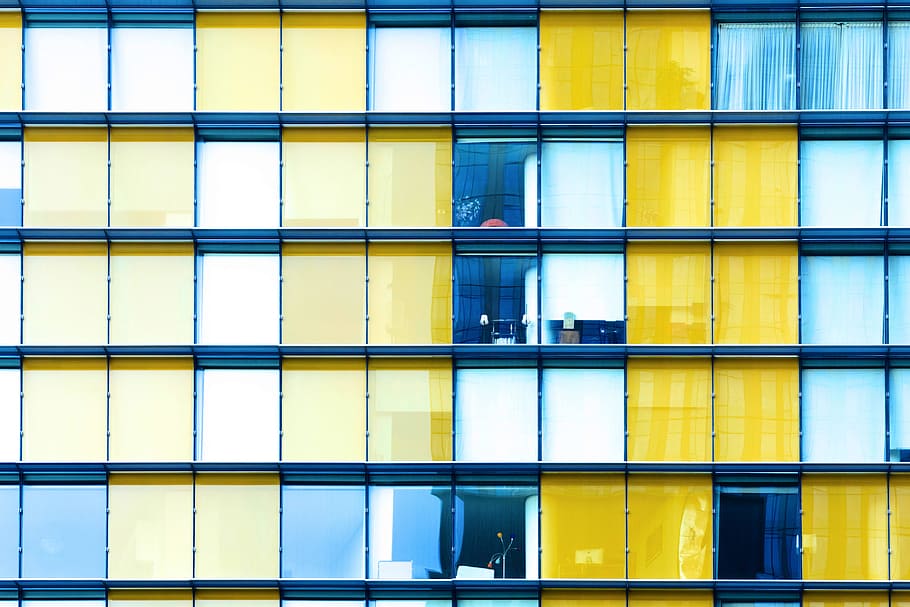 Colourful buildings with grid-based design and windows, architecture HD wallpaper
