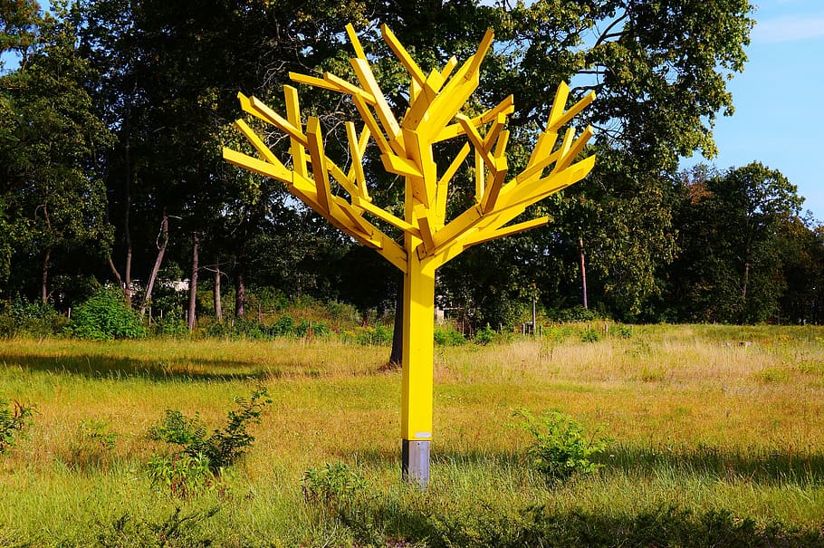tree, art, wood model, craft, yellow, plant, growth, grass HD wallpaper