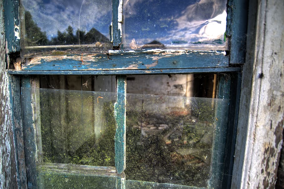 blue wooden framed clear glass windowpane, Abandoned, House HD wallpaper