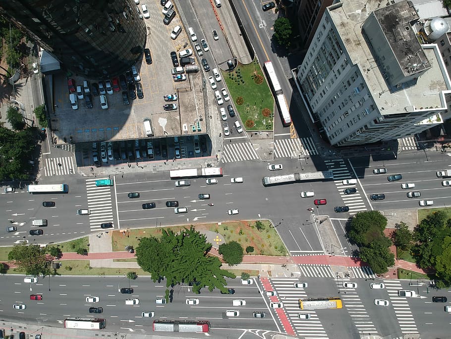 aerial view photography of busy street, bird's-eye view of traffic, HD wallpaper