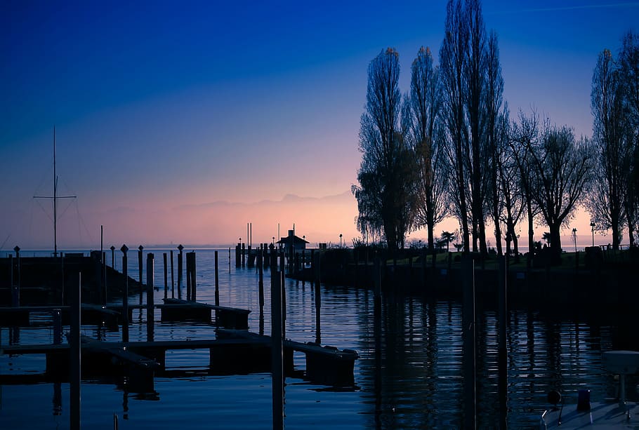 dock near body of water at night, sunset, background, lake constance HD wallpaper