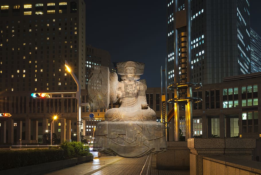 buddha, tokyo, floating, night, artwork, sculpture, photography HD wallpaper