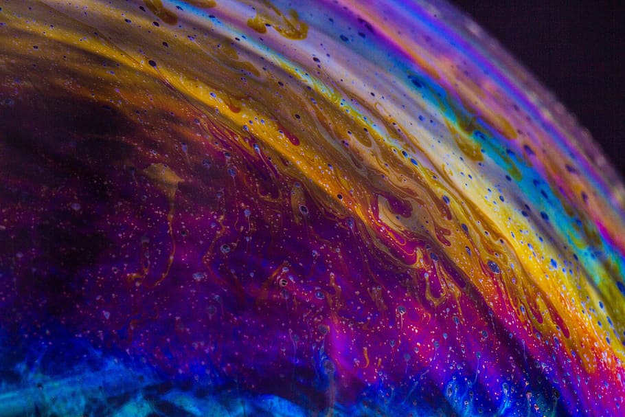 bubbles, rainbow, macro, liquid, soap, water, transparent, blue HD wallpaper