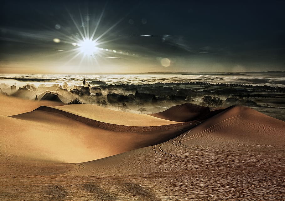 photo of mountain and sun, desert, city, cloud, horizon, landscape HD wallpaper
