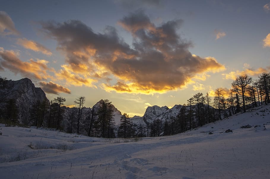 landscape, mountains, range, evening, sunset, clouds, illuminated HD wallpaper