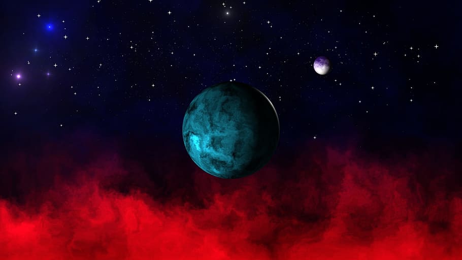 teal planet digital art, star, galaxy, sun, cosmos, universe HD wallpaper