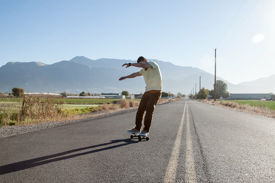 man skateboarding on the road, people, guy, sport, game, adventure HD wallpaper