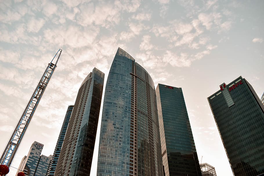 Look Up, low angle photography of high rise building, skyline HD wallpaper