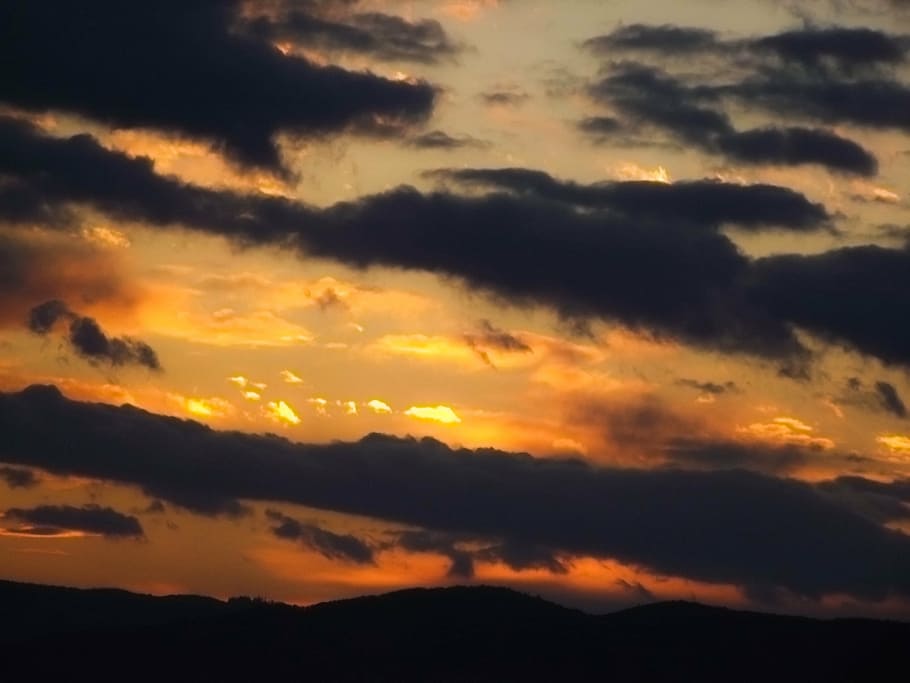 clouds, clouded sky, evening sky, dusk, sunbeam, sunset, colorful HD wallpaper