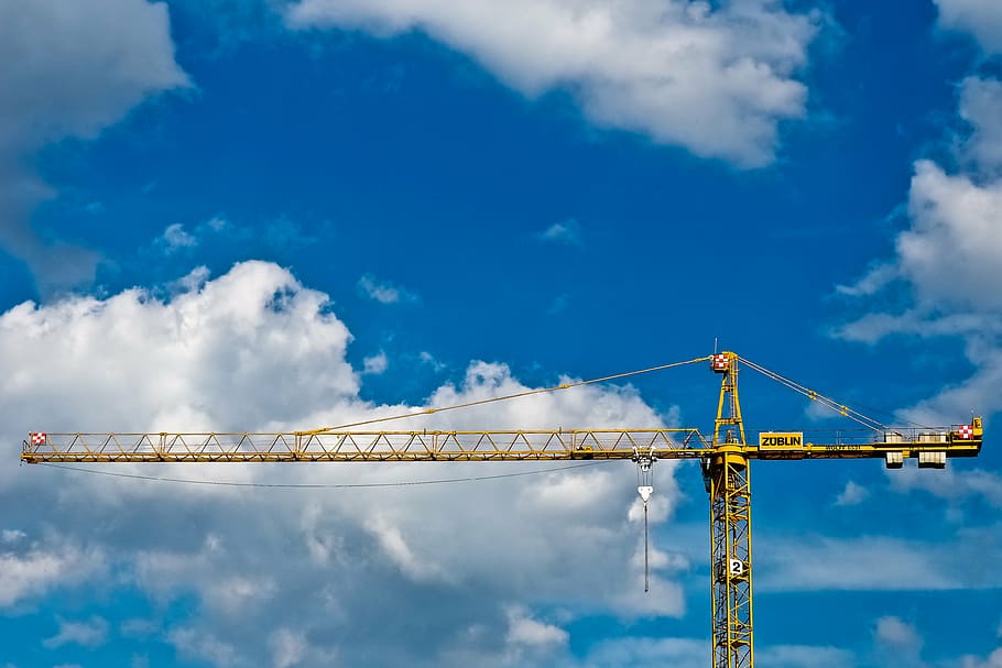 yellow building crane during daytime, baukran, site, technology HD wallpaper