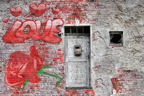 gray concrete wall with red love text graffiti, rose, vintage HD wallpaper