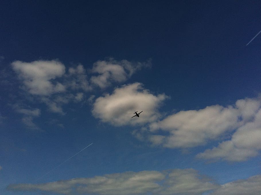 sky, aircraft, blue, cloud - sky, flying, low angle view, mode of transportation HD wallpaper