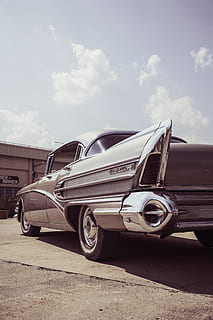 classic gray sedan under white sky, oldtimer, chrome, vintage HD wallpaper