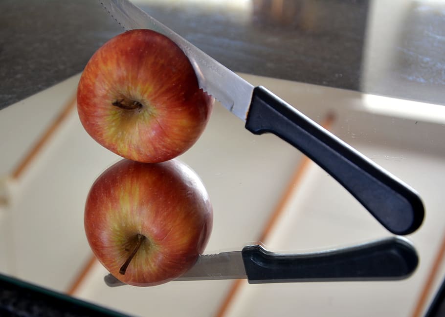 Apple, Fruit, Knife, Reflection, healthy eating, food and drink, HD wallpaper