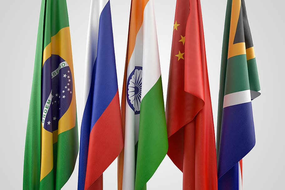 five assorted flags, china, brazil, russia, south africa, brics, HD wallpaper