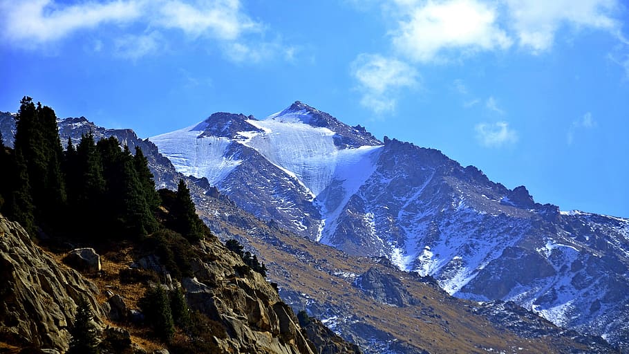 mountains, rocks, glacier, snow, sky, scenics - nature, cold temperature HD wallpaper