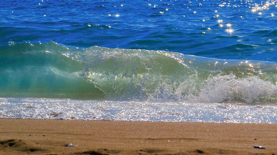 black sand on seashore with ocean wave, beach, breeze, colors HD wallpaper