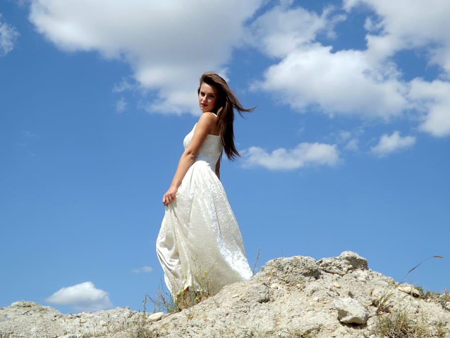 woman wearing white sleeveless dress, girl, angel, cloud, sky HD wallpaper
