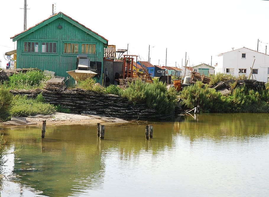 cabin, oyster, basin, channels, island oleron, water, house HD wallpaper