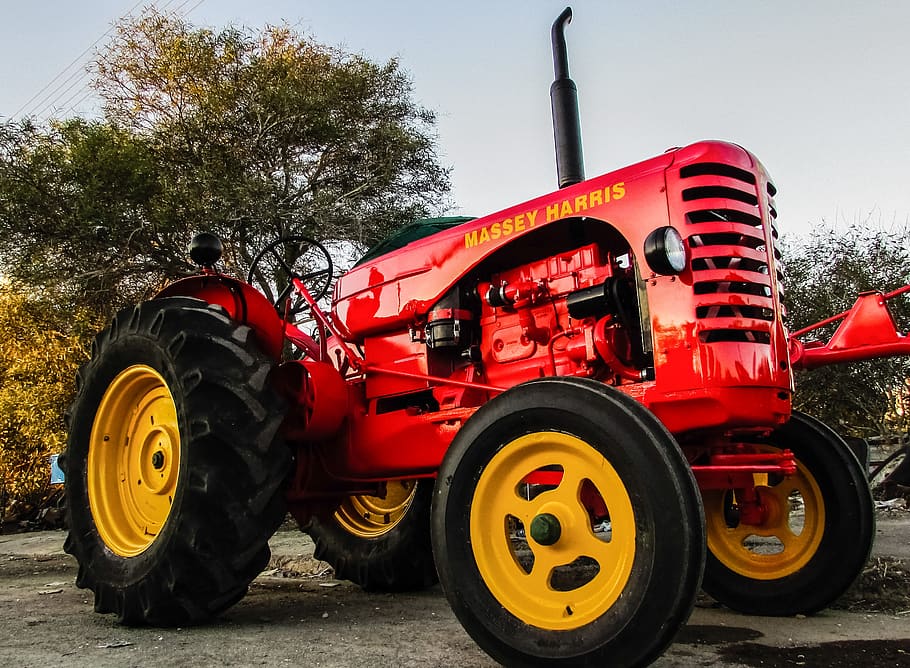 tractor, old, renovated, machinery, vehicle, red, vintage, transportation