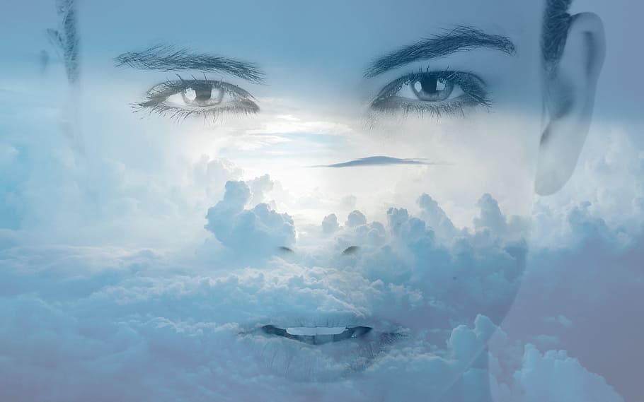 clouds, sky, feeling, emotion, blue, one person, digital composite HD wallpaper