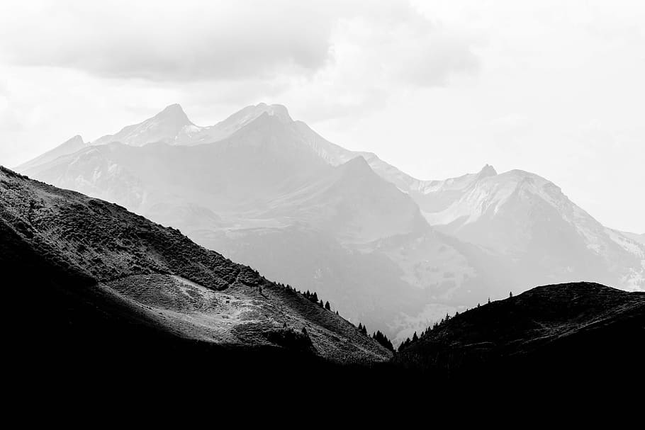 fog covered mountain during daytime, silhouette of mountain, switzerland HD wallpaper