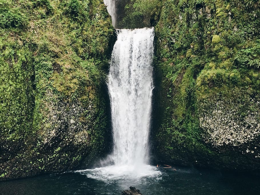 waterfalls between rocks with gras, cascade, flow, nature, stream HD wallpaper
