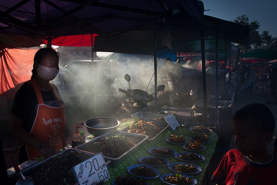 market, thailand, food, people, marketplace, woman, smokey
