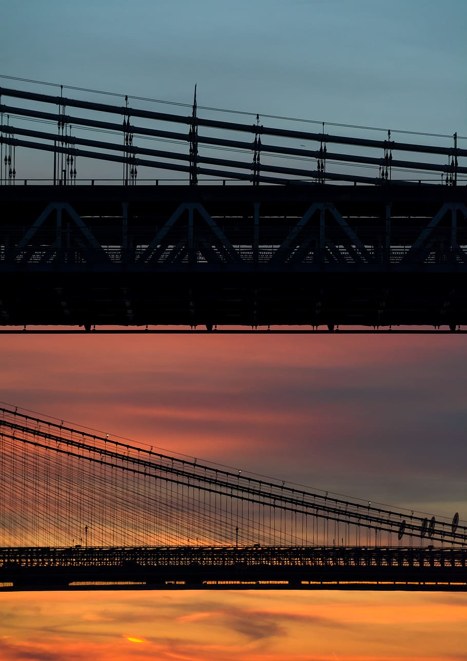 silhouette photo of suspension bridge, two bridges during sunset, HD wallpaper