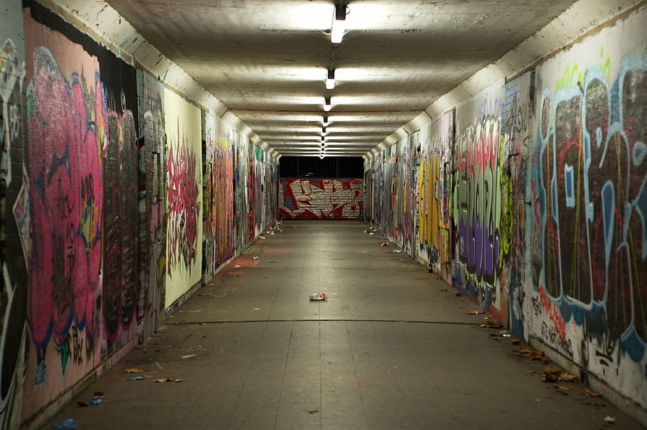 photography of gray concrete alley, underpass, graffiti, mural
