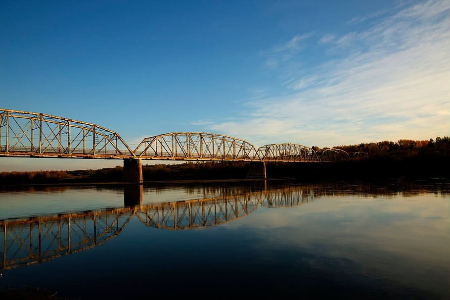 bridge, river, reflection, nature, scene, water, blue, sky HD wallpaper