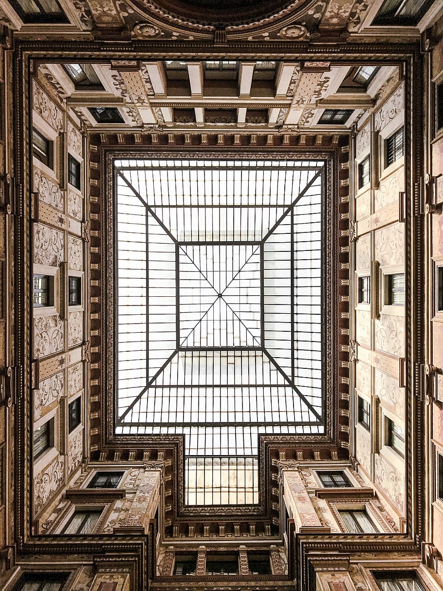 symmetry, worm's eye view of glass roof, ceiling, window, skylight HD wallpaper
