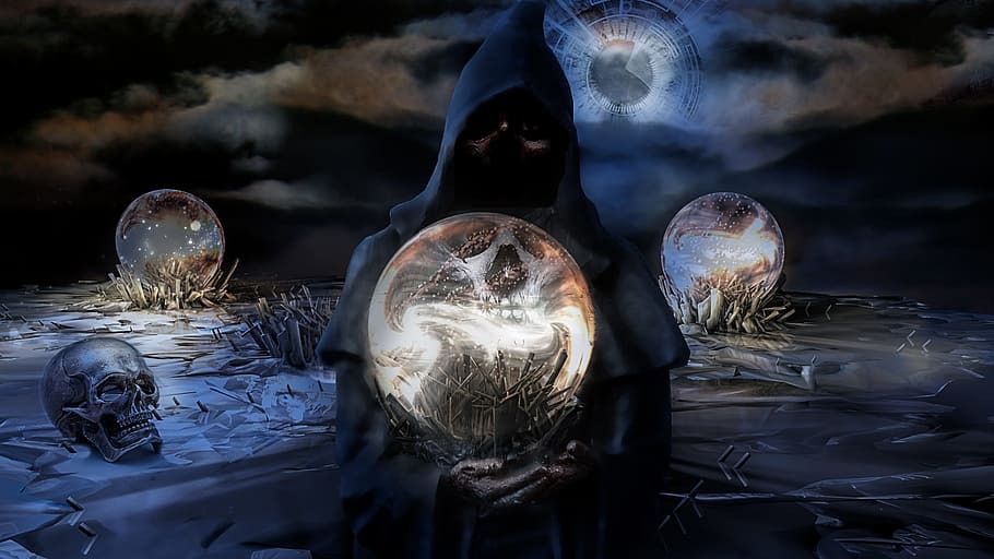grim reaper holding glass ball graphic wallpaper, fantasy, horror