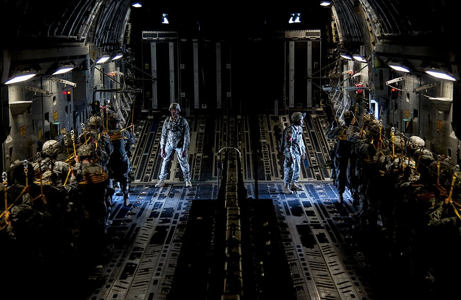 group of people inside spaceship, parachuting, preparation HD wallpaper