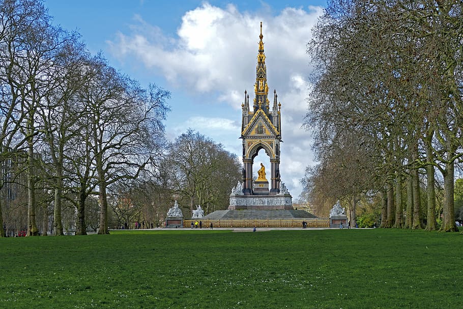 statue surrounded by trees, london, hyde park, prince albert memorial