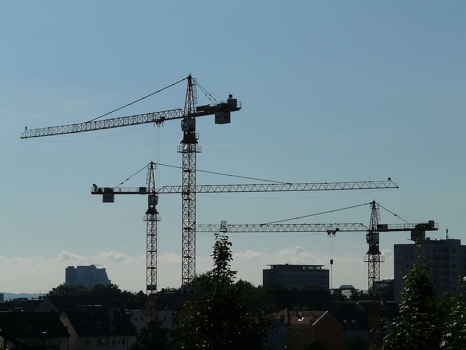 crane, baukran, construction work, city, site, technology, sky HD wallpaper